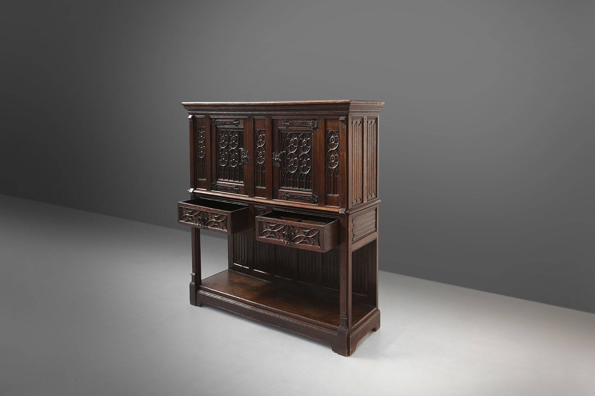 Neo-Gothic Cabinet in Oak with Rich Decorations and Hidden Storage, France