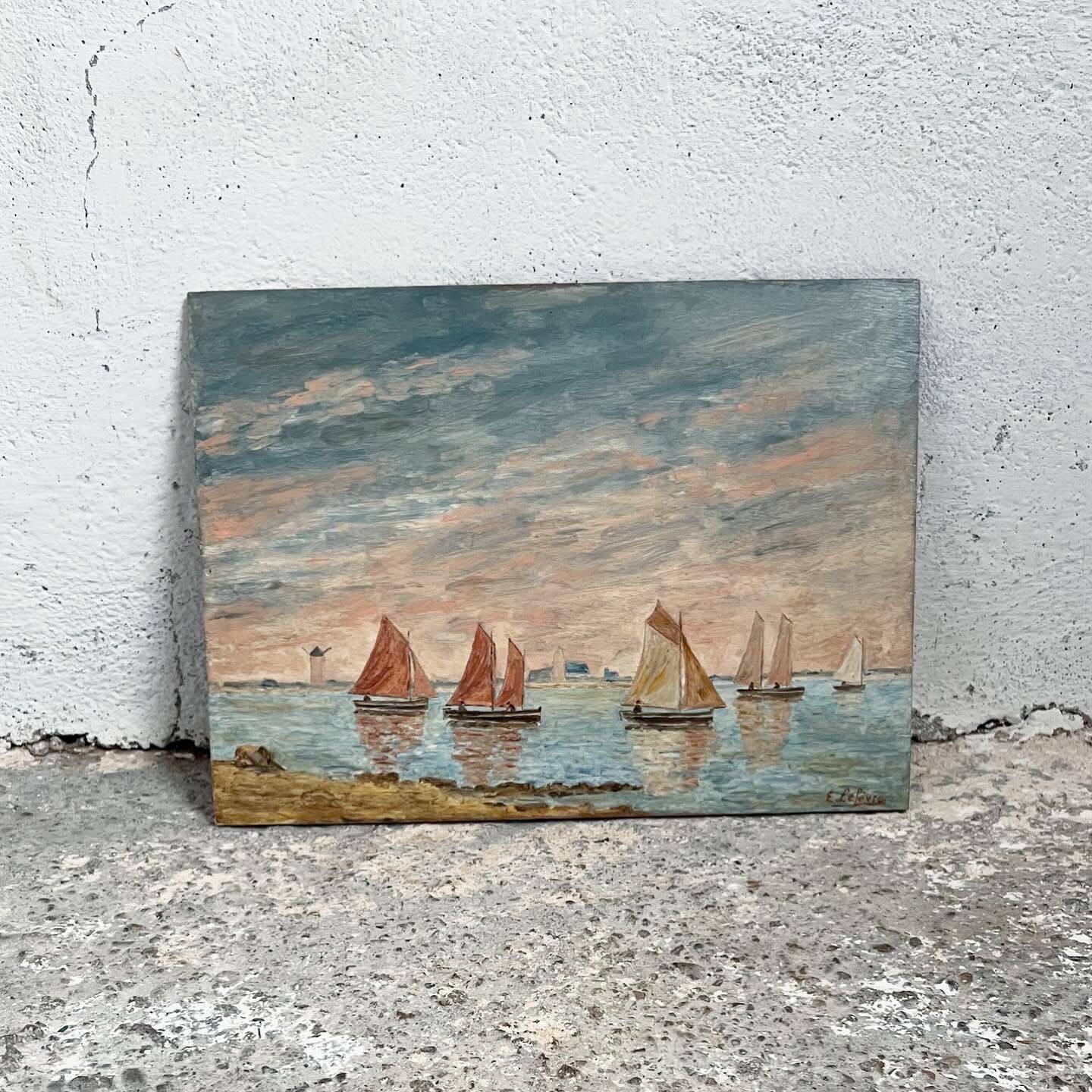 Old marine painting seaside mill Brittany