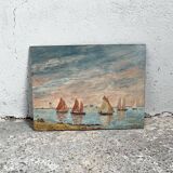 Ancienne peinture marine bord de mer moulin Bretagne