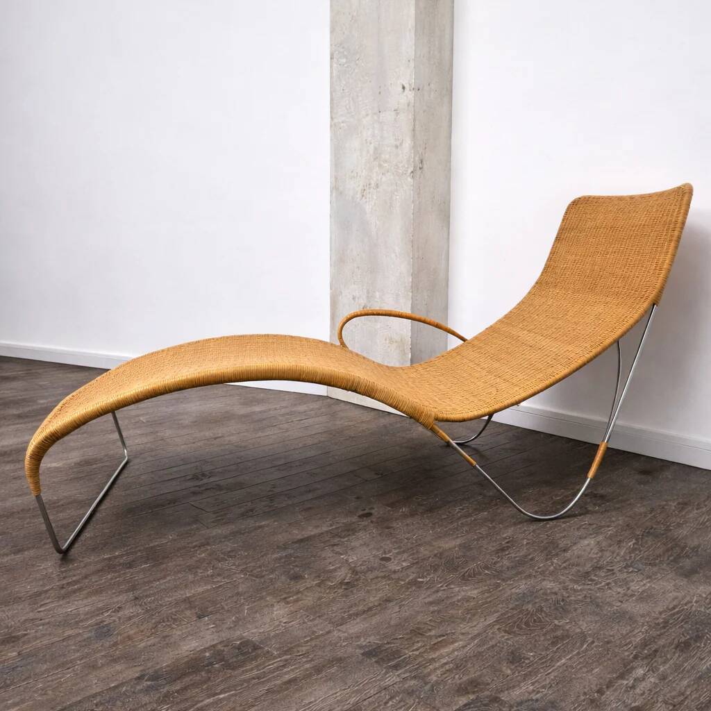 Chaise longue en rotin avec cadre en acier CL-757-PS par Yuzuru Yamakawa pour Yamakawa, Japon, 1950