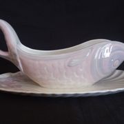 Antique Longwy ceramic fish service for 12 people, Copenhagen pattern, 1890-1939