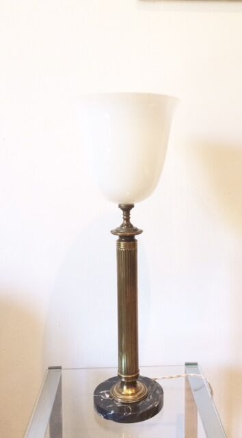 Neo-classical bronze lamp, opaline vasque, 1950