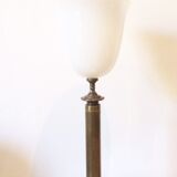 Neo-classical bronze lamp, opaline vasque, 1950
