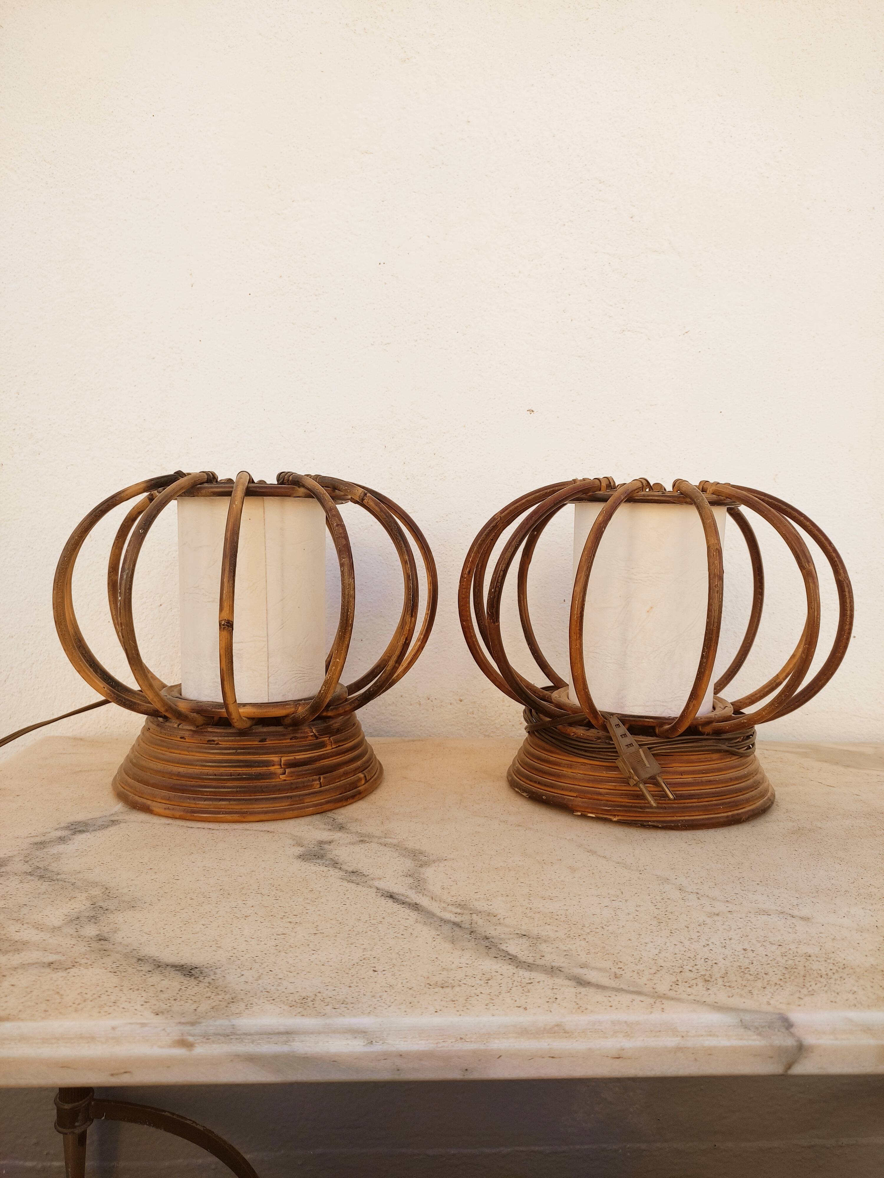 Pair of rattan lamps by Louis Sognot