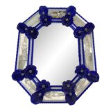 Elegant Italian Octagonal Murano Glass Mirror with Blue Floral Carved Detal
