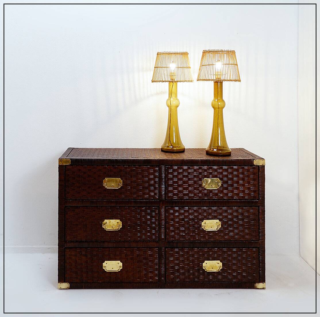 Vintage coastal woven rattan chest of drawers