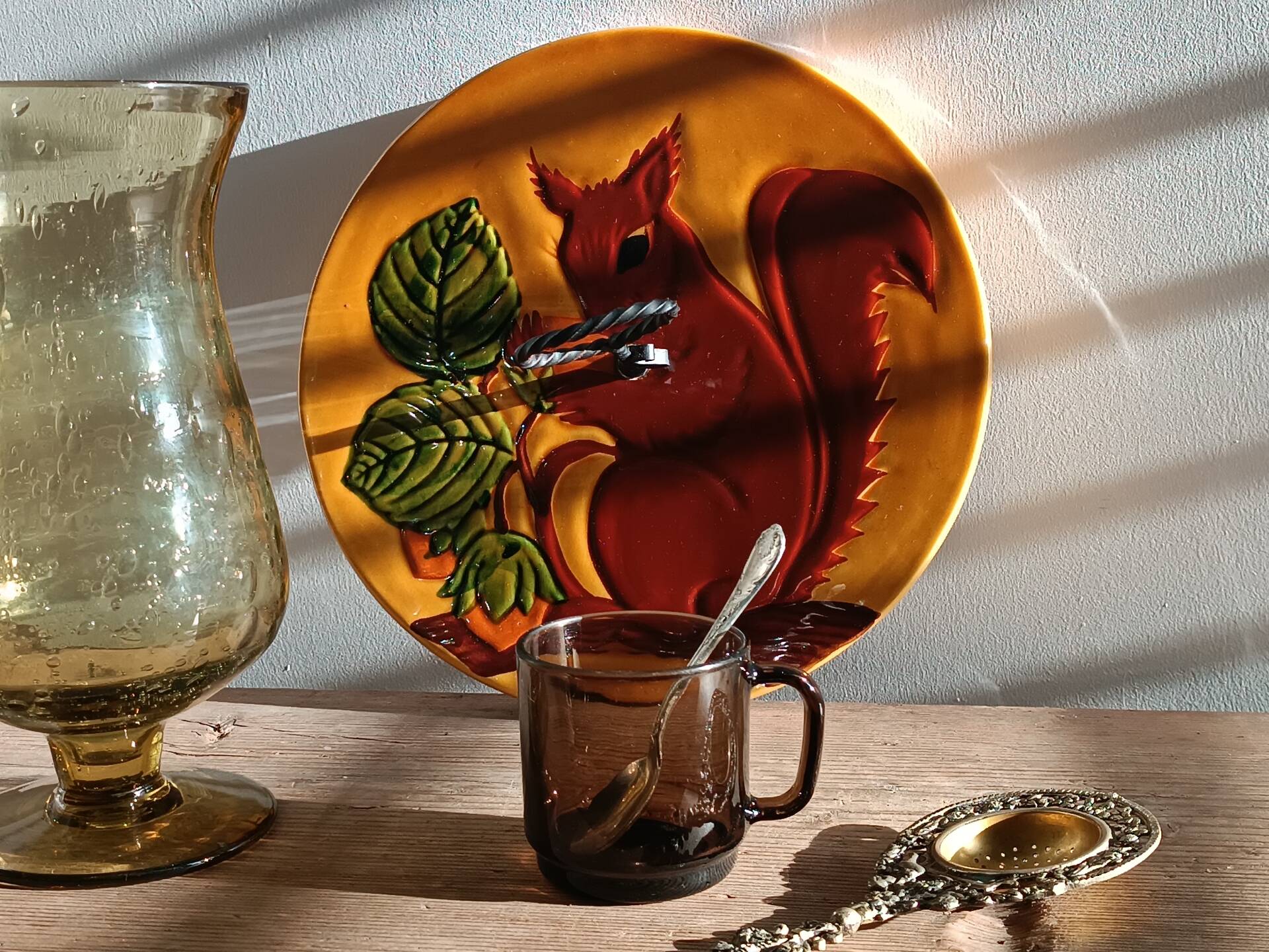 Cheese platter in Vallauris faience, squirrel decoration – 1960s-70s