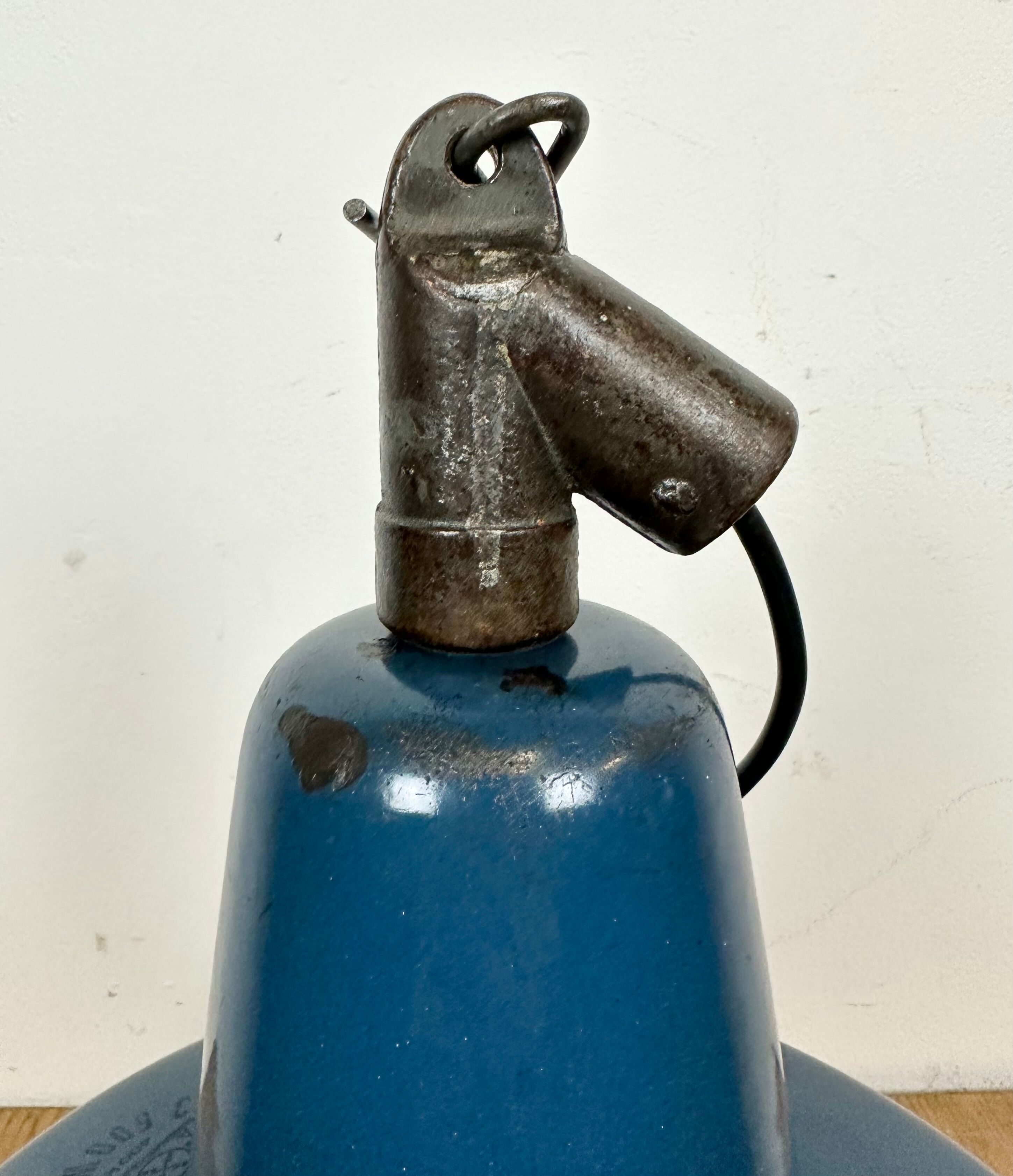 Industrial blue enamel factory lamp with cast iron top, 1960s