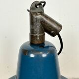 Industrial blue enamel factory lamp with cast iron top, 1960s