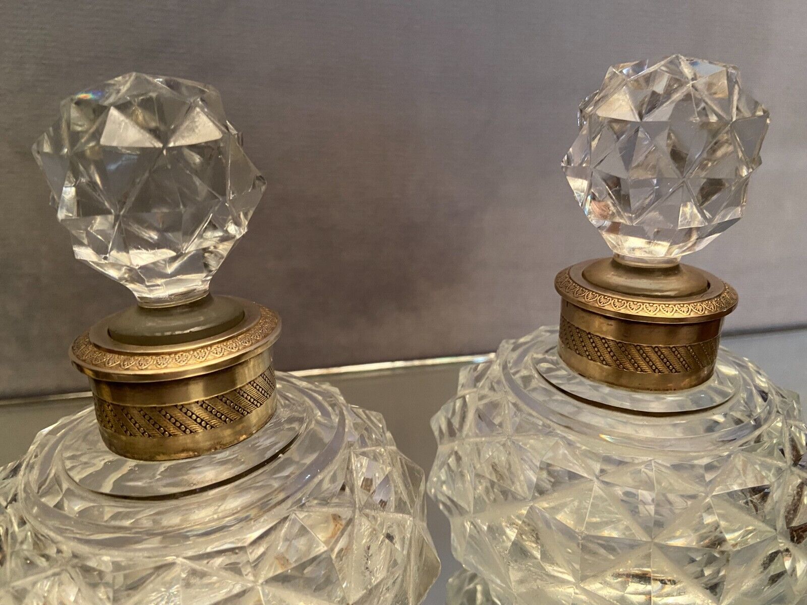 Pair of bottles nineteenth crystal Baccarat decoration diamond points bronze guilloché