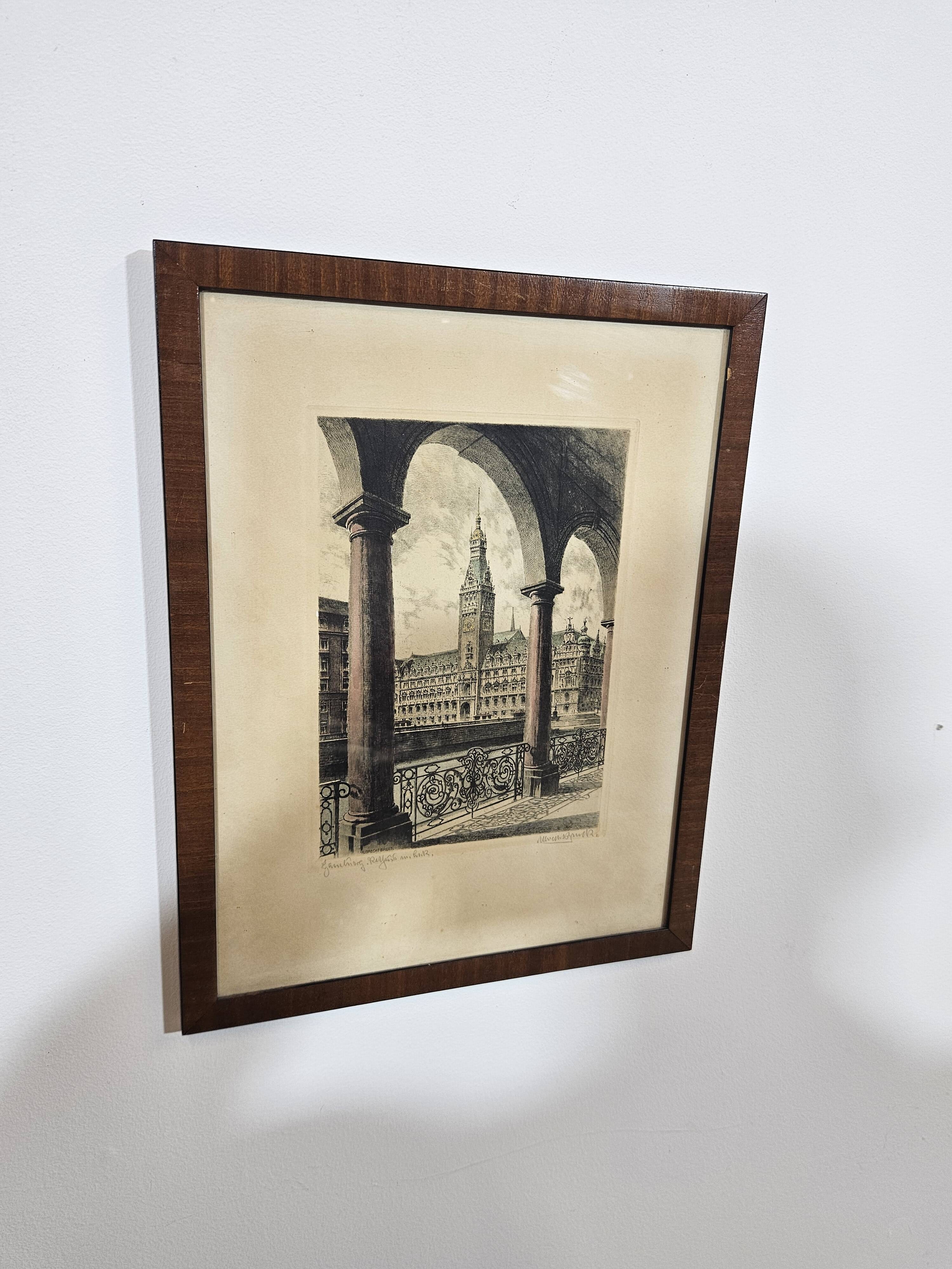Etching "Town Hall in Hamburg" by Albrecht Bruck