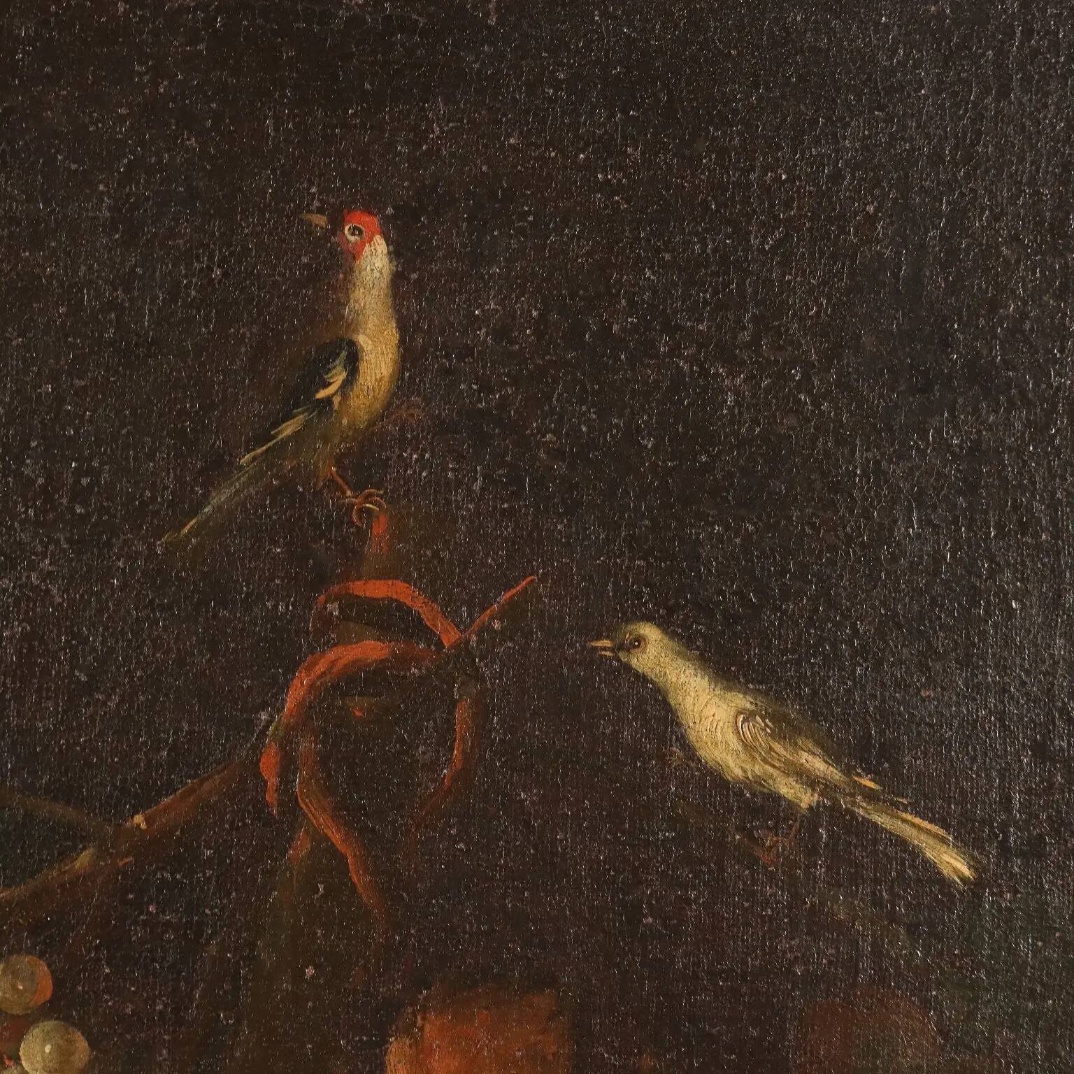 Old painting of still life with flowers, fruits, and birds from the 18th century.