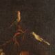 Old painting of still life with flowers, fruits, and birds from the 18th century.