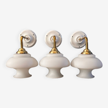 Set of three wall lights in white opaline