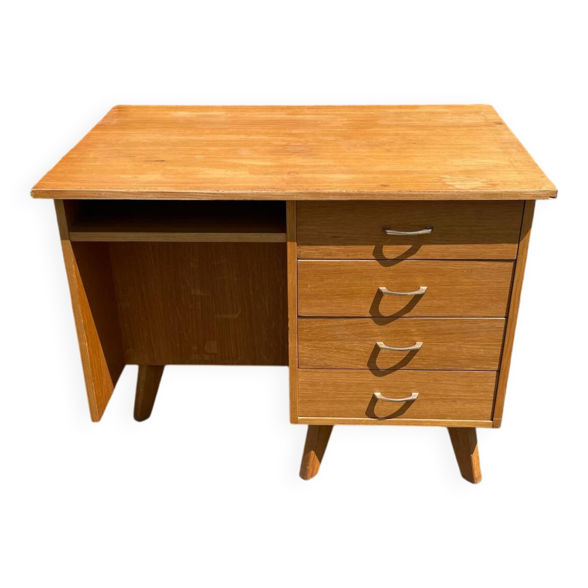 Double-sided desk with compass legs.