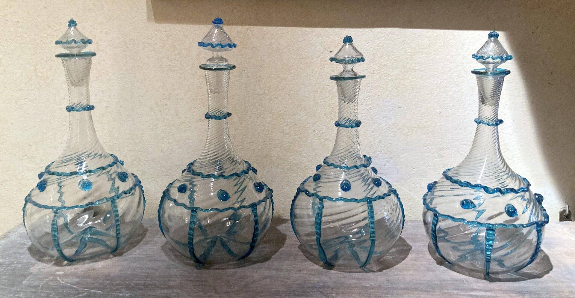 18th Century Italian Murano Clear Glass and Blue Trimmed Blown Glass Bottle