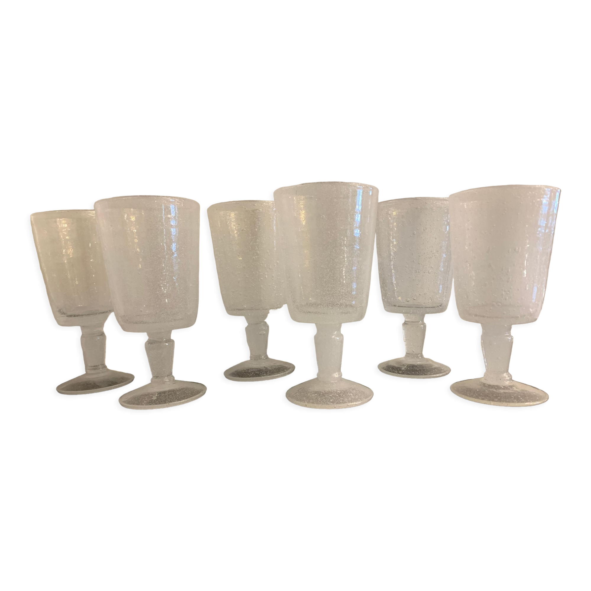 6 blown and bubbled wine stemmed glasses, Riom glassware, Puy-de-Dôme