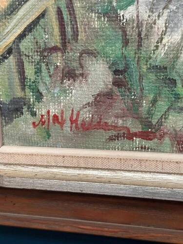 Swedish Oil on Canvas “Houses on Mountain” by Olof H Vintage & Framed 49×39cm