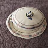 Antique sauceboat with lid in Gien earthenware, Rouen and dolphin decor