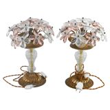 Set of 2 large table lamps with crystal glass flowers, pink and transparent, brass base, 1960