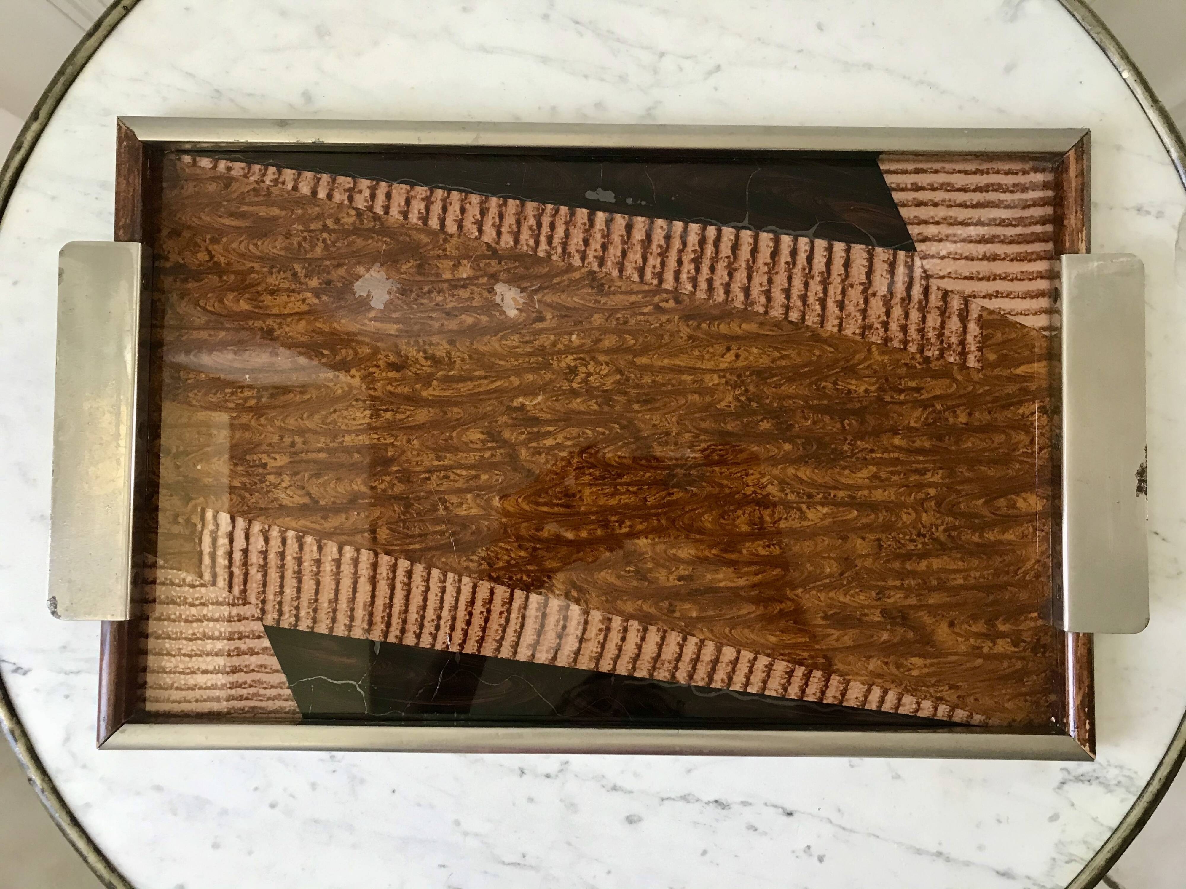 Plateau miroir en chrome, verre, bois et marqueterie années 60-70