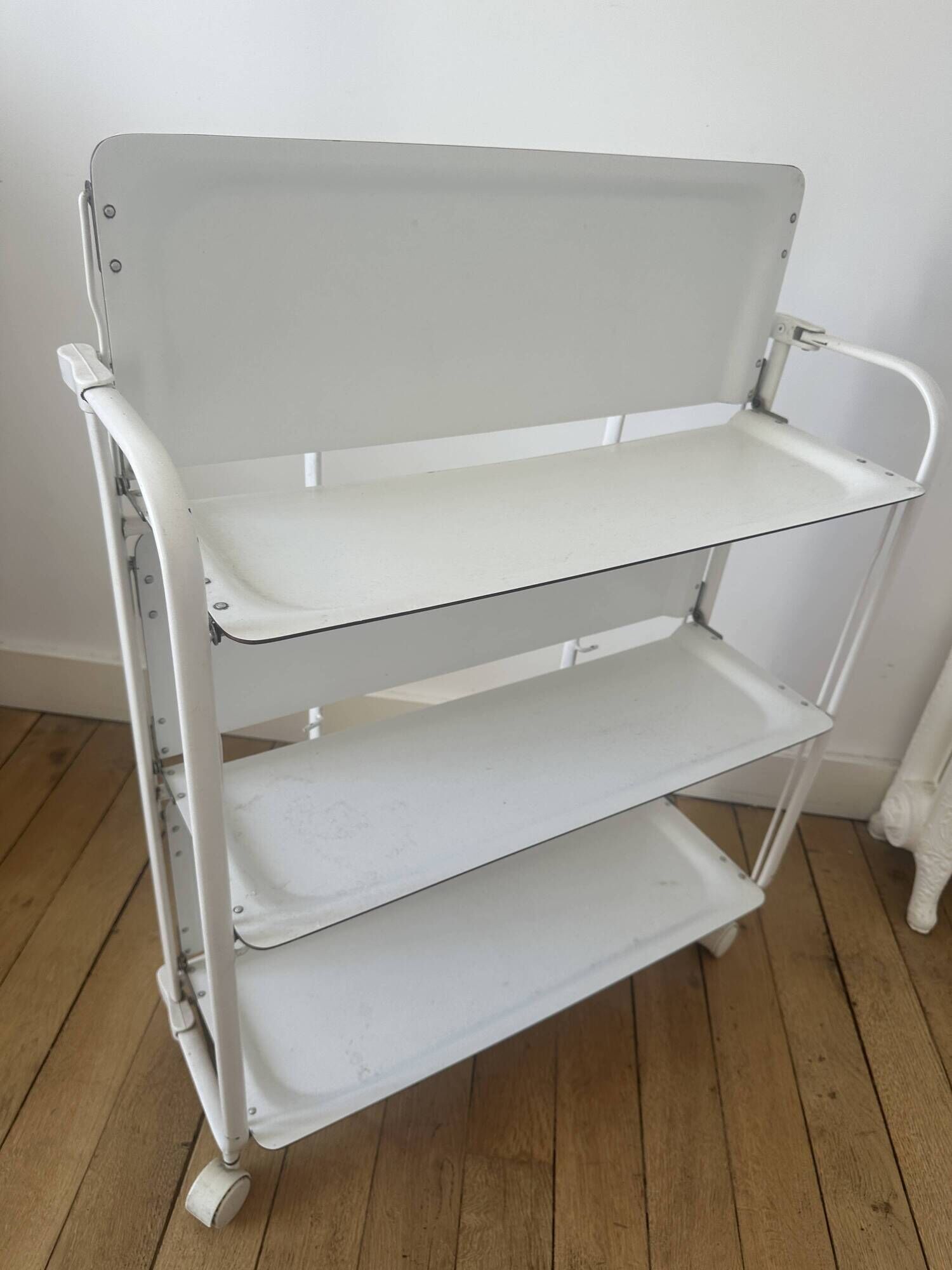 Vintage folding dessert trolley on wheels, 3 white shelves