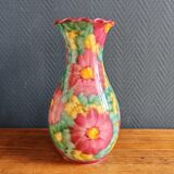 Vintage Floral Ceramic Vase - Large Barbotine Vase with Pink Flowers