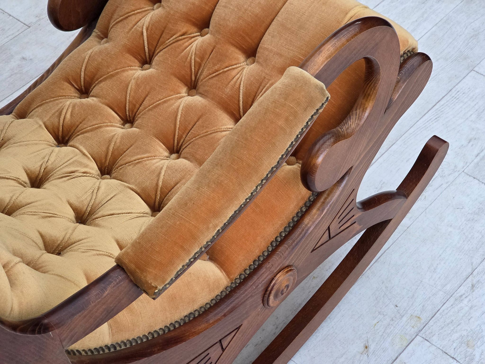 1960s, Scandinavian rocking chair, furniture velour, dark beech wood.