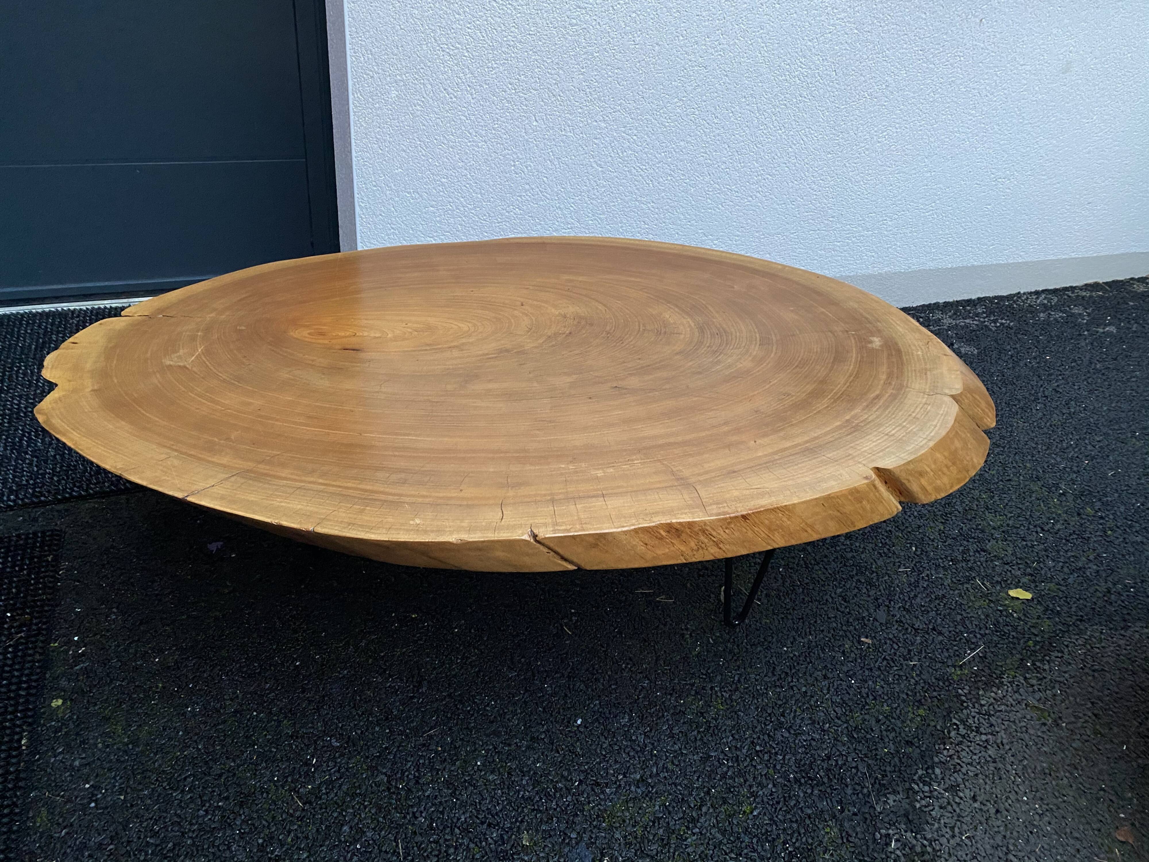 Table basse ovale piétement en épingle métallique, plateau en bois exotique nonagénaire.
