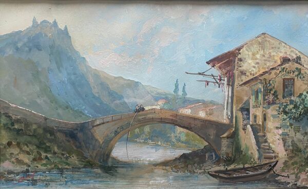 Tableau magnifique Gouache XIX° ''Maison romaine au bord de l'eau'' Italie ? signé