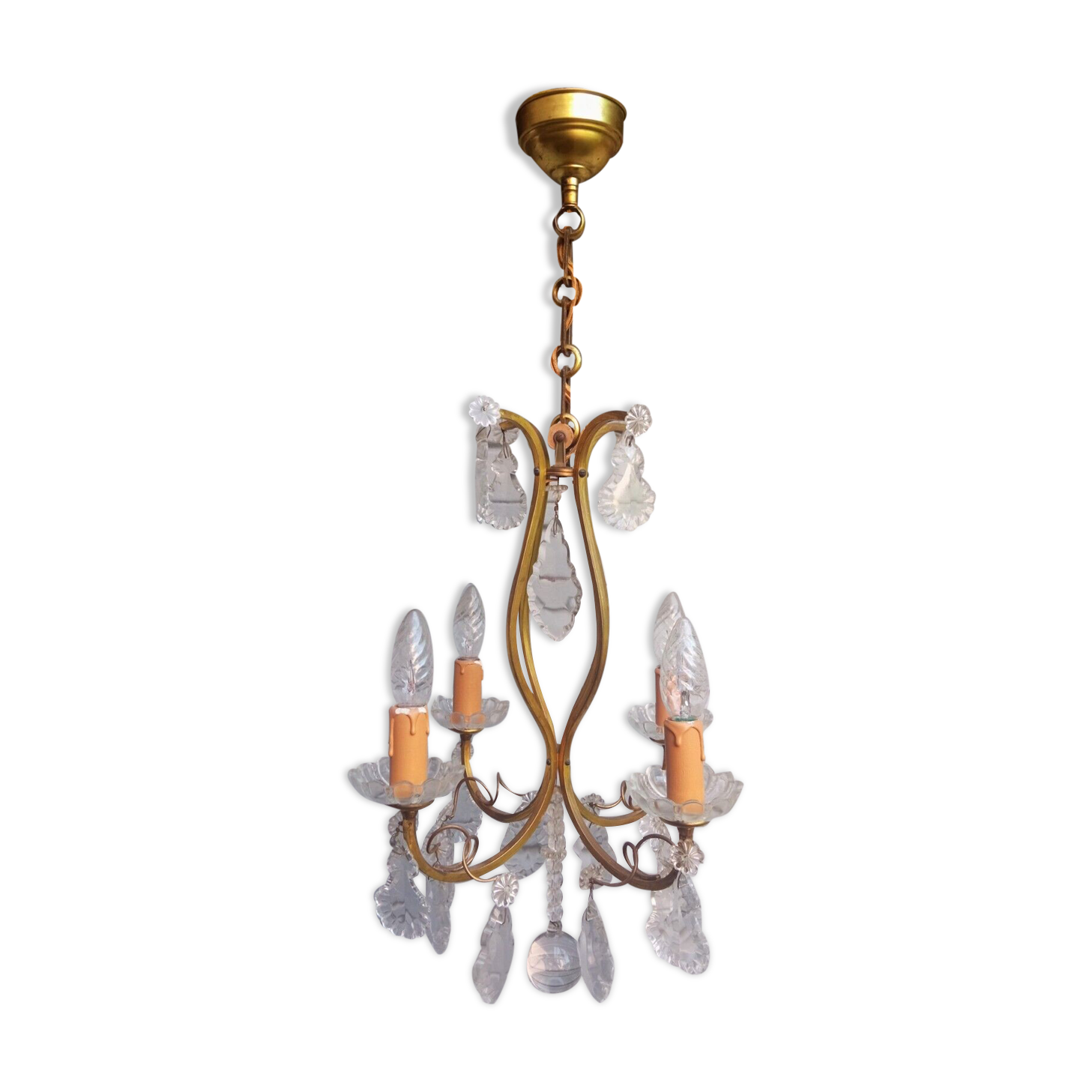 Old 4-light cage chandelier with crystal pendants