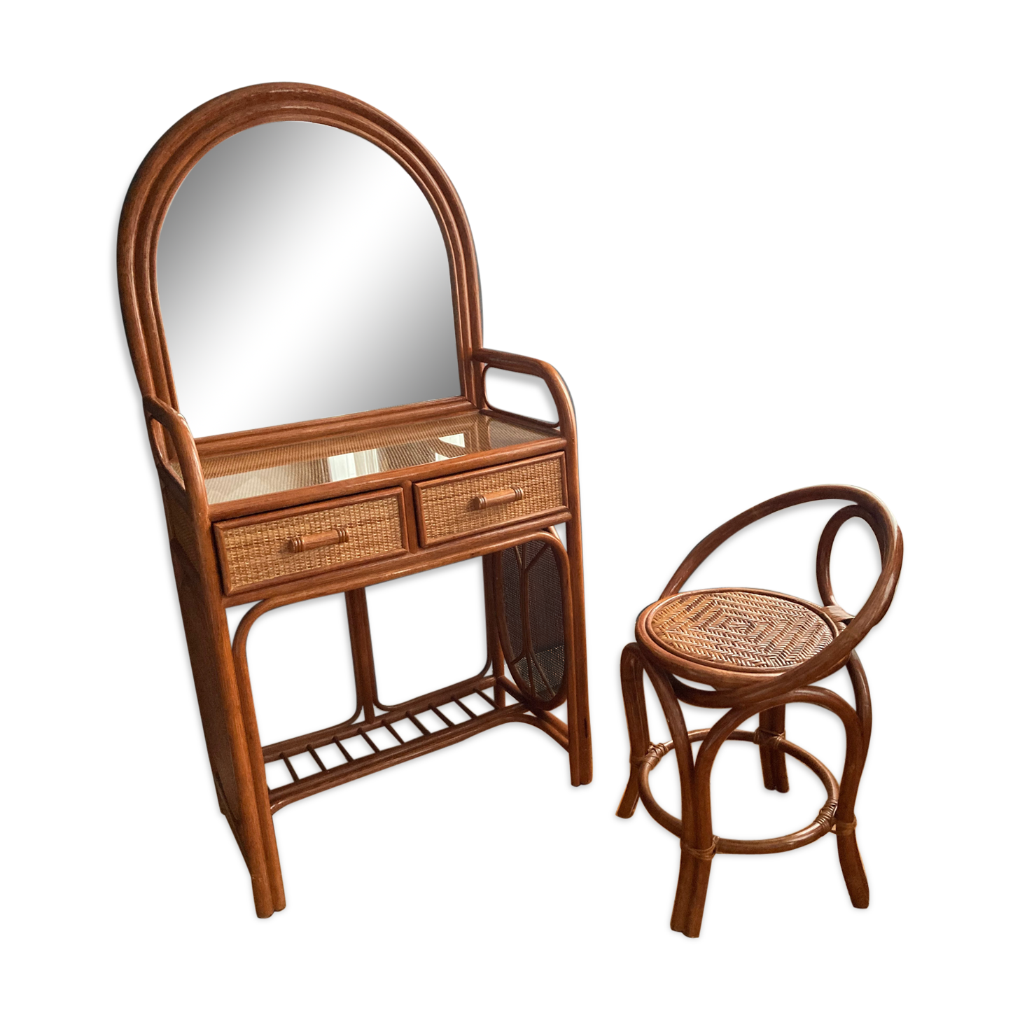 Hairdressing set and rattan chair in the 70s