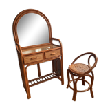 Ensemble coiffeuse et chaise en rotin années 70