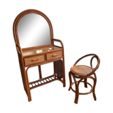 Ensemble coiffeuse et chaise en rotin années 70
