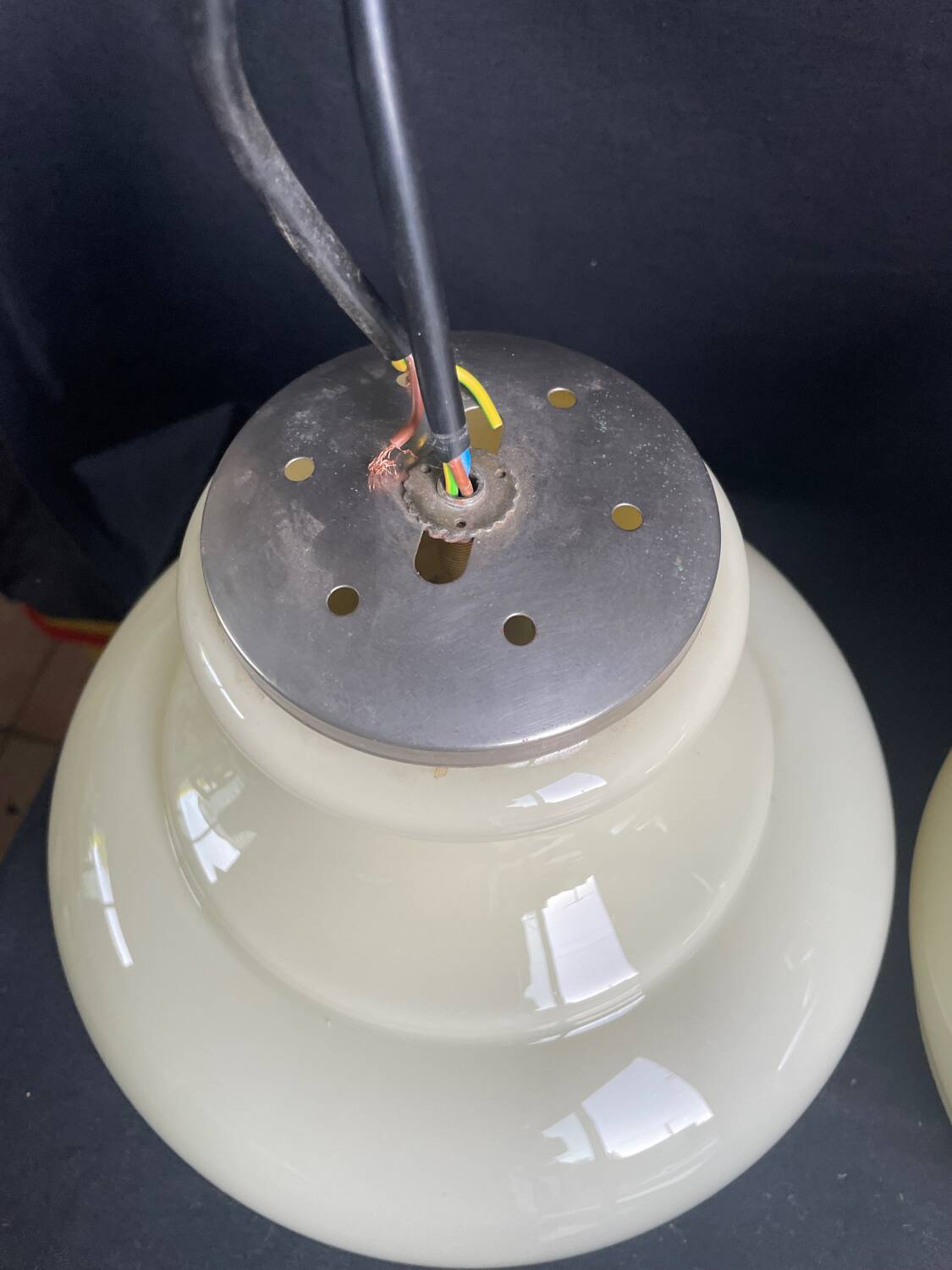 Pair of mid-century vintage opaline milk glass pendant lights