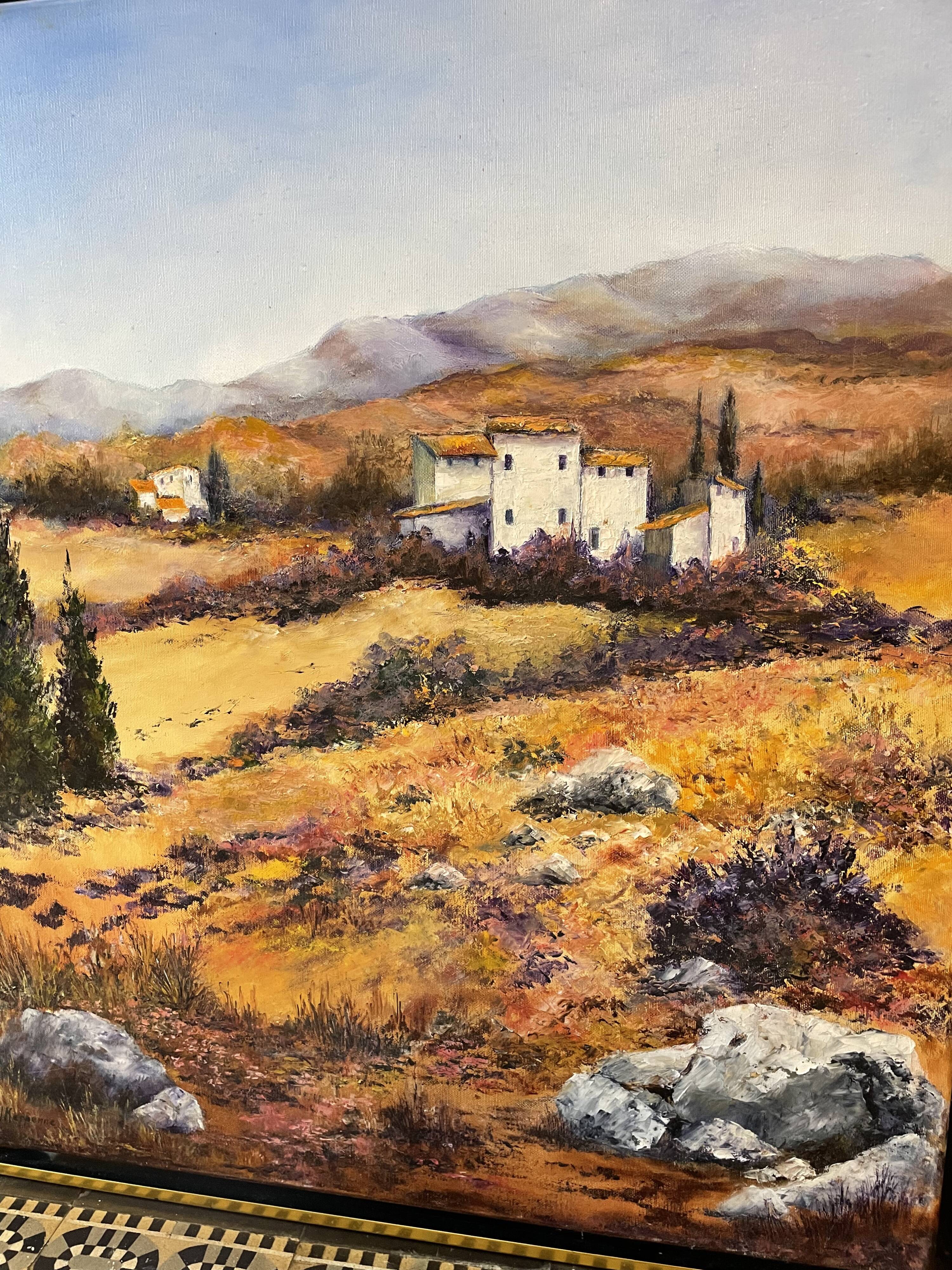 Oil painting landscape on canvas signed View of Provence