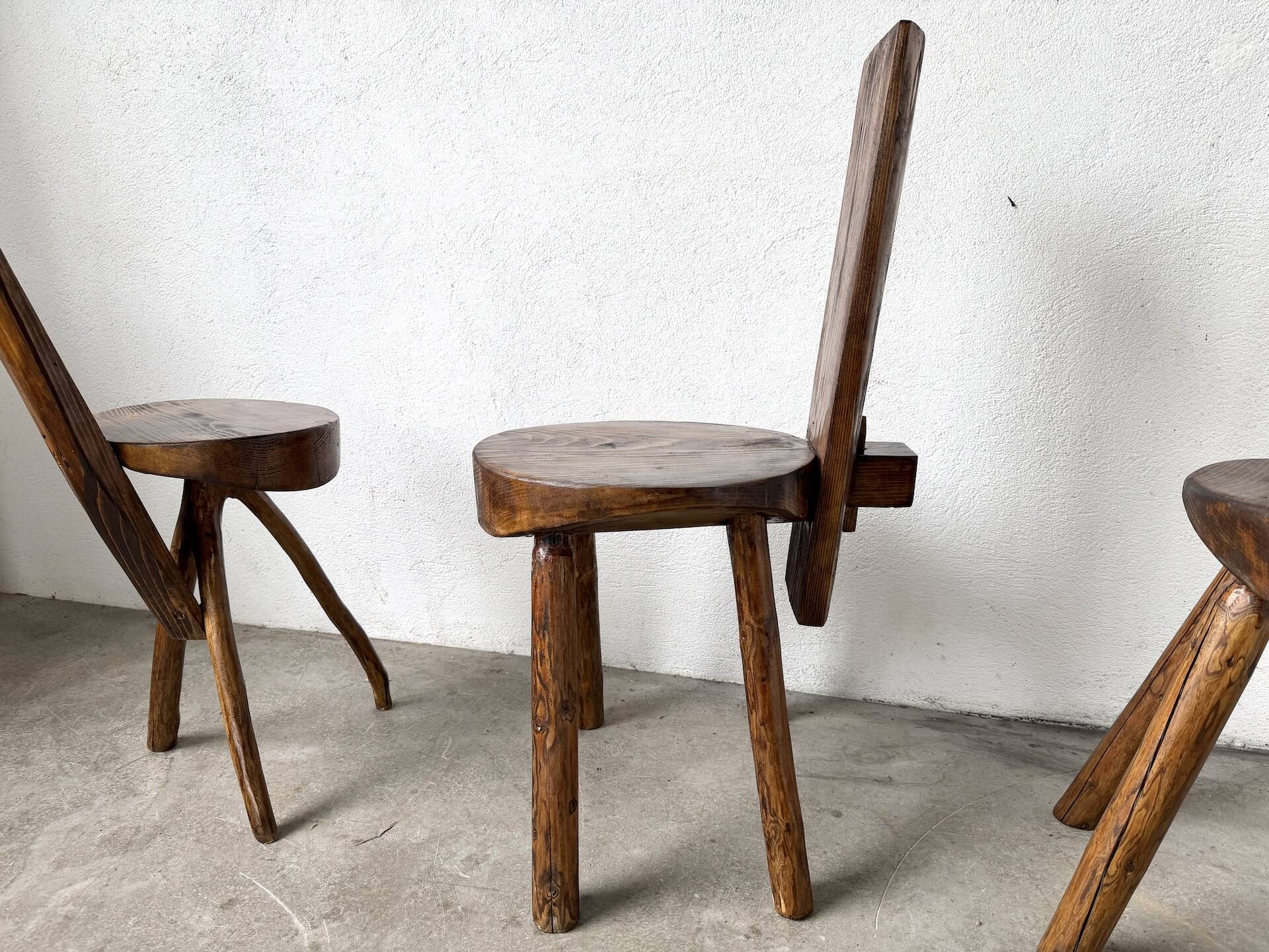 Set of three alpine chairs in solid pine, France, 1950s.