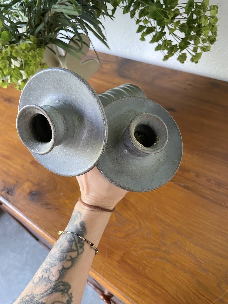 Pair of gray stoneware candlesticks