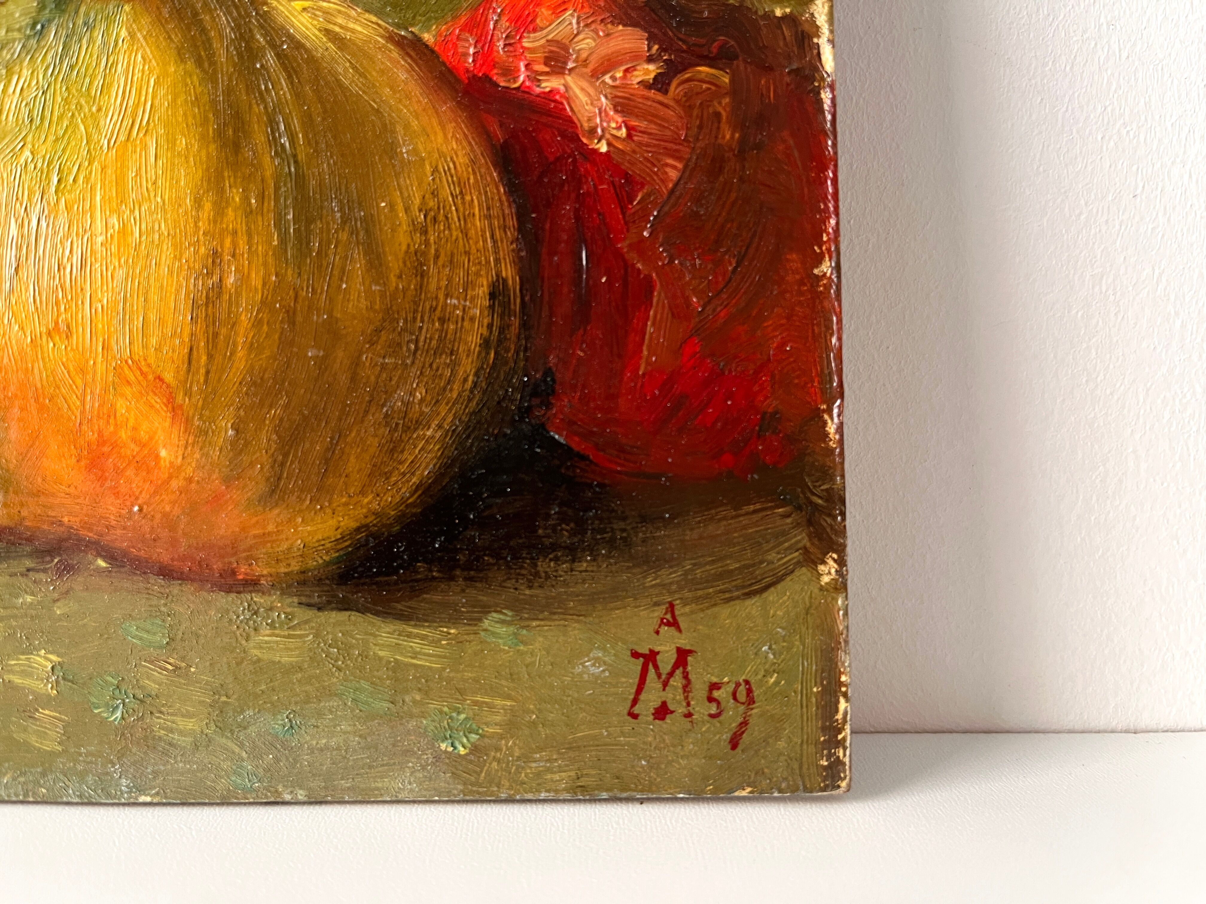 Authentic still life with apples circa 1959, oil painting