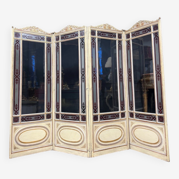 4-leaf screen of the nineteenth century in painted wood and acid-cleared glass