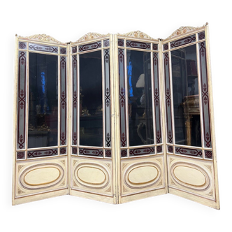 4-leaf screen of the nineteenth century in painted wood and acid-cleared glass