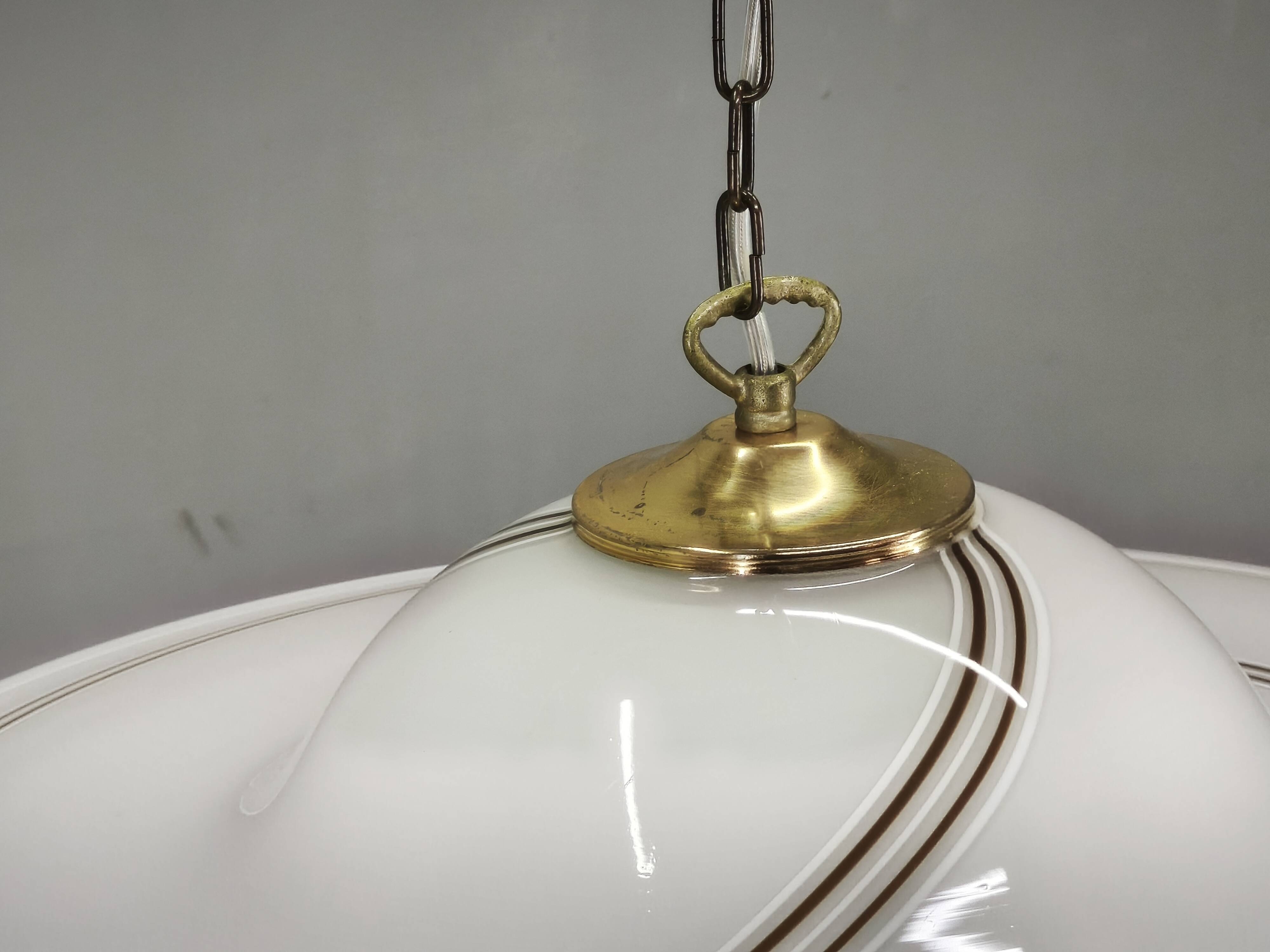 Pair of 1970s Italian Murano Opaline Glass and Brass Pendant Lights