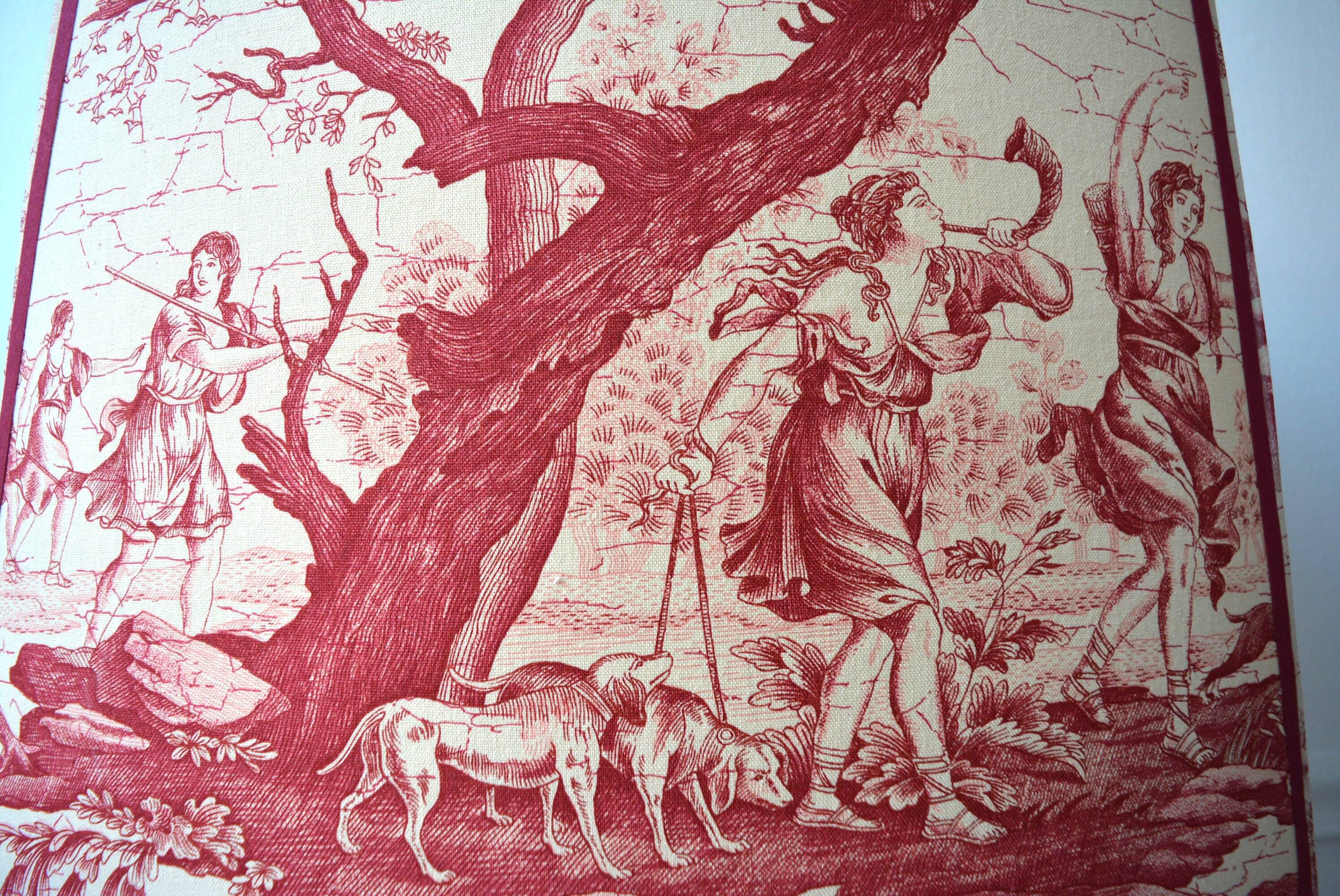 Red toile de Jouy fabric lampshade, Greek goddess Diana the huntress.