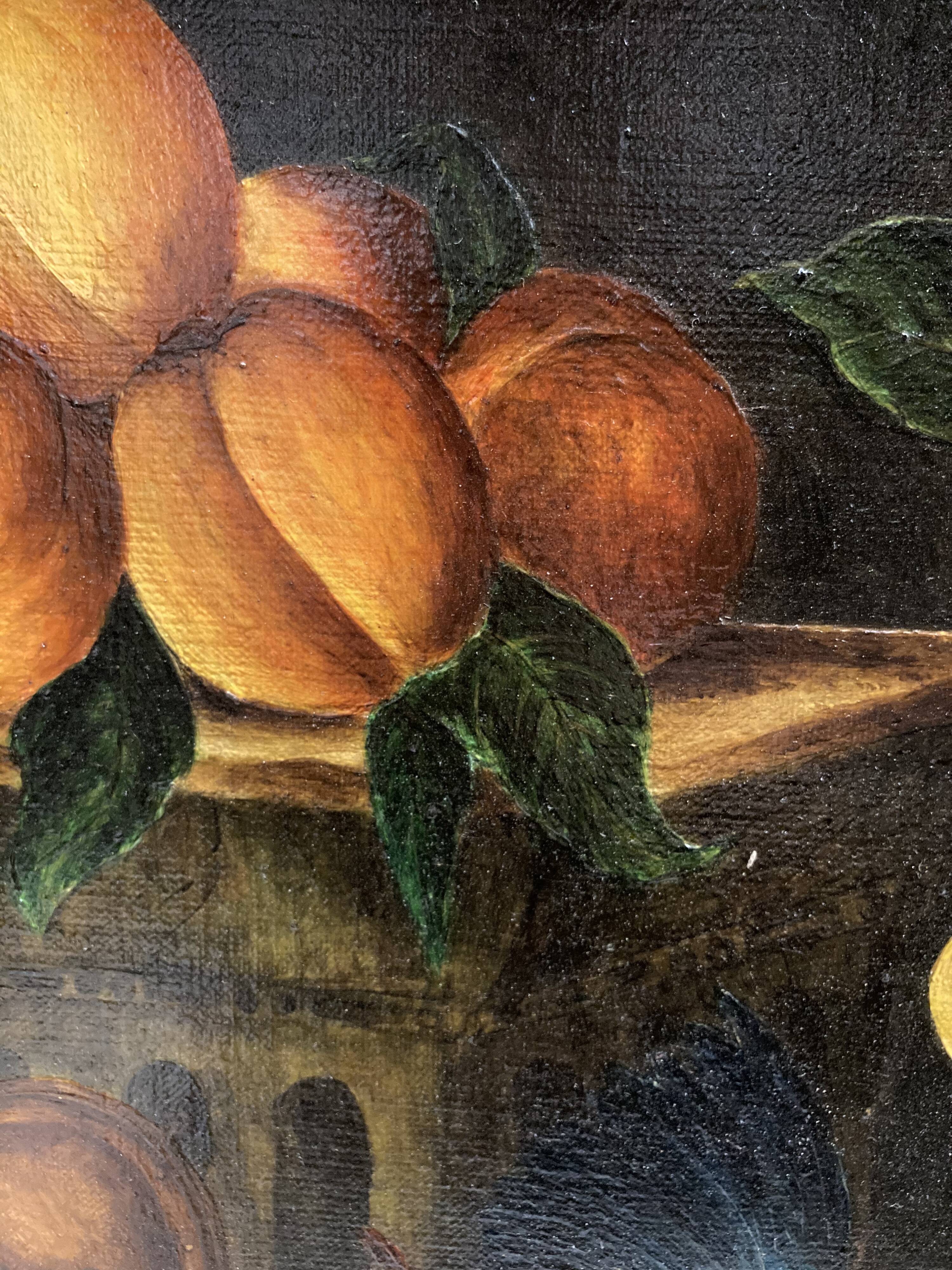Framed paint with peaches, pears and pheasants