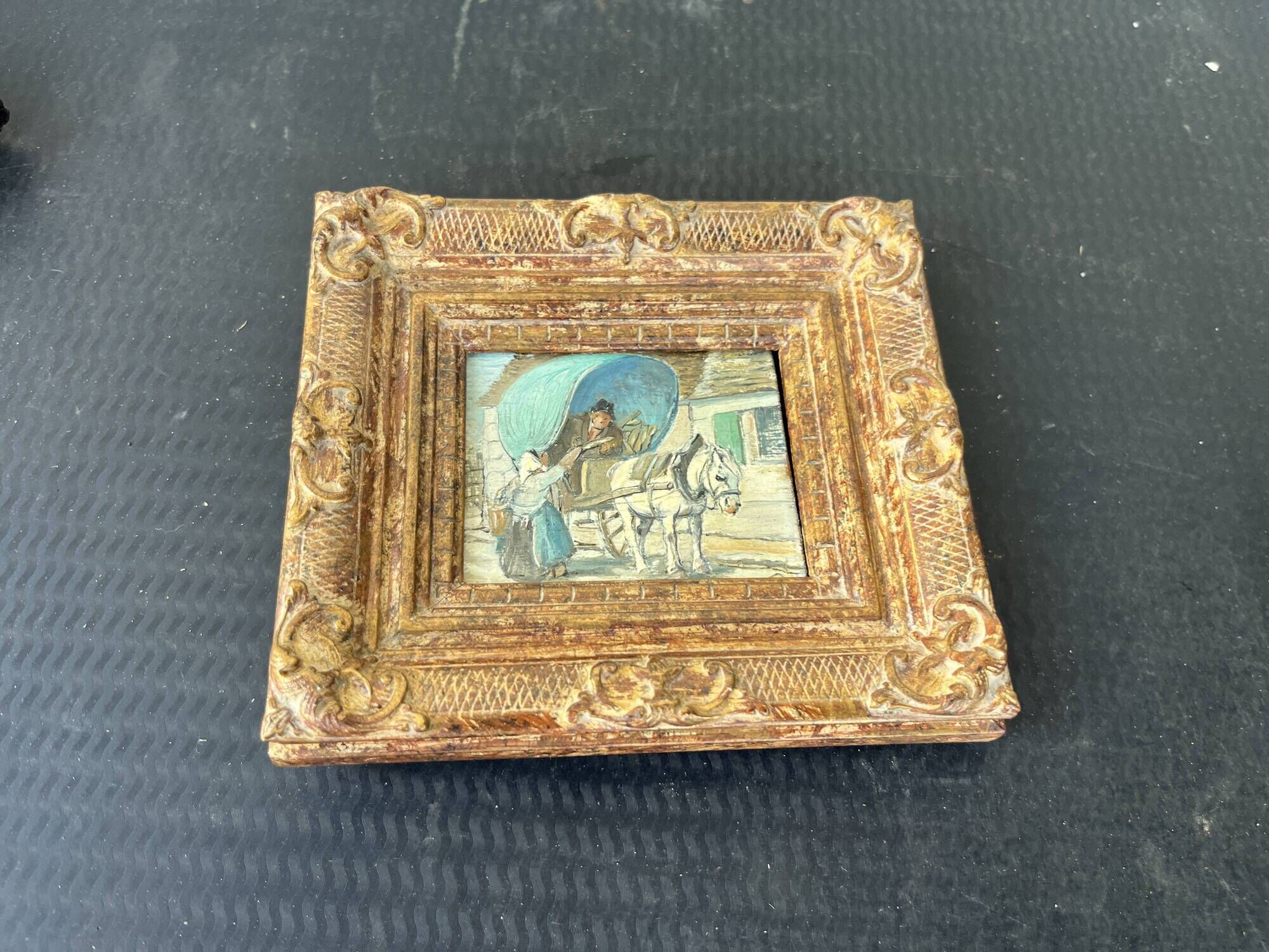 Small antique painting signed Daniel Rouvière – Village scene with horses