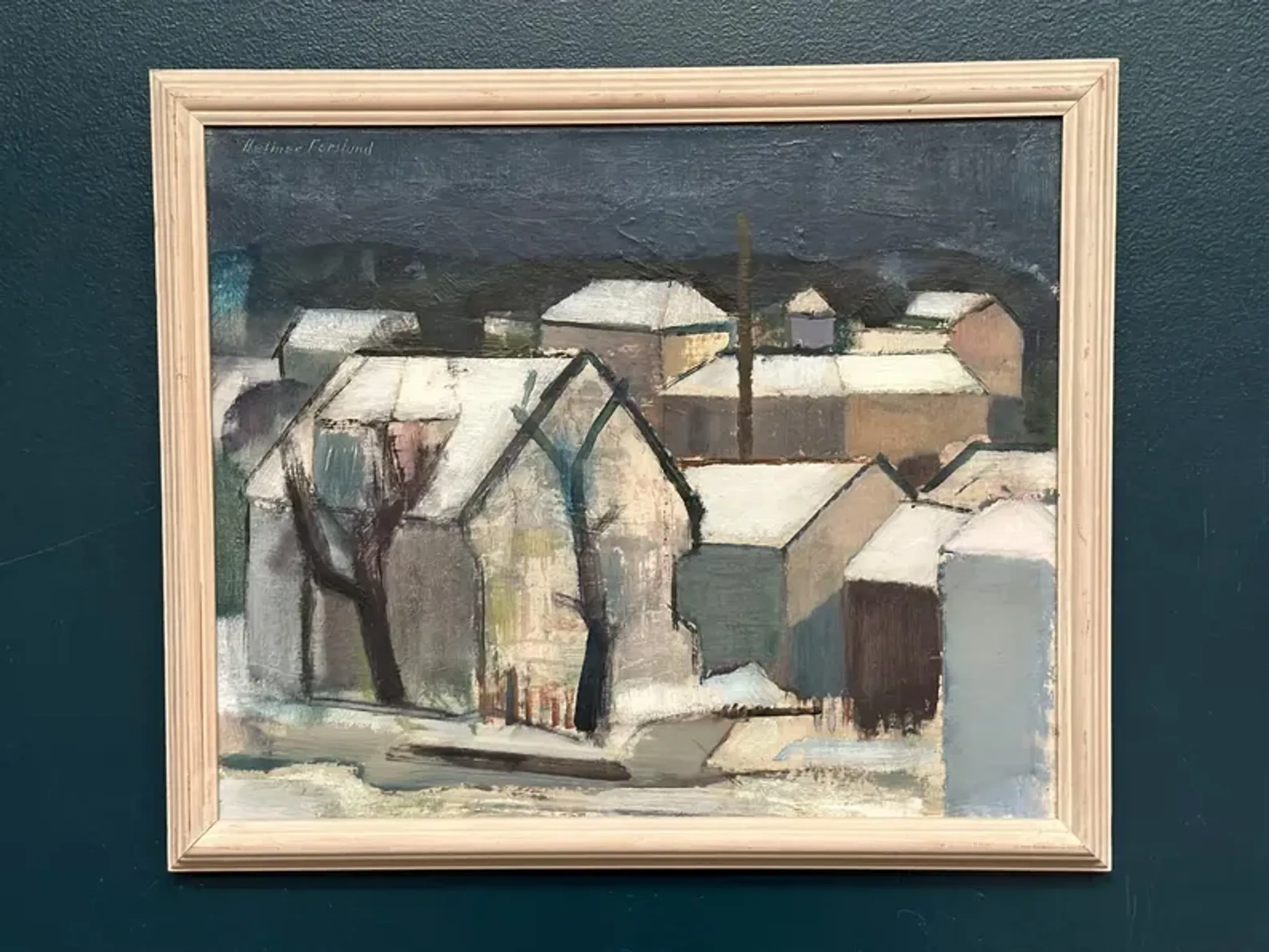 Original Swedish Oil on Canvas – "Winter Night in the City" by Helmer Forslund – Signed – Vintage and Framed – 45 × 37 cm (17.7" × 14.6")