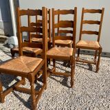 Set of 6 wooden and straw chairs
