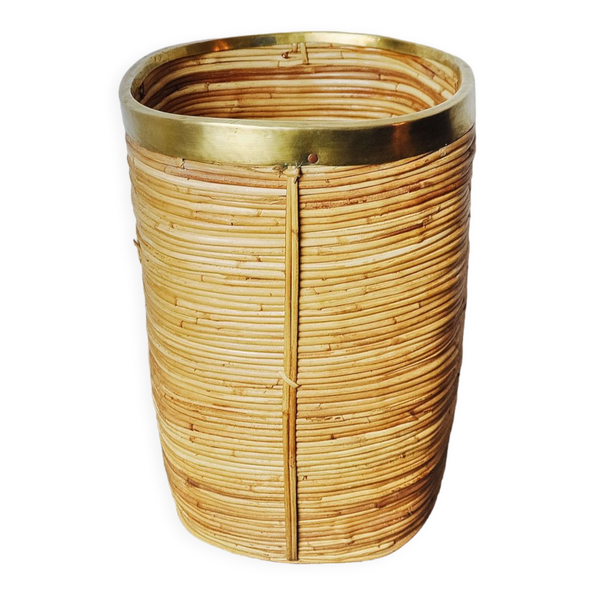 Rattan and brass umbrella stand, Italy, 1970