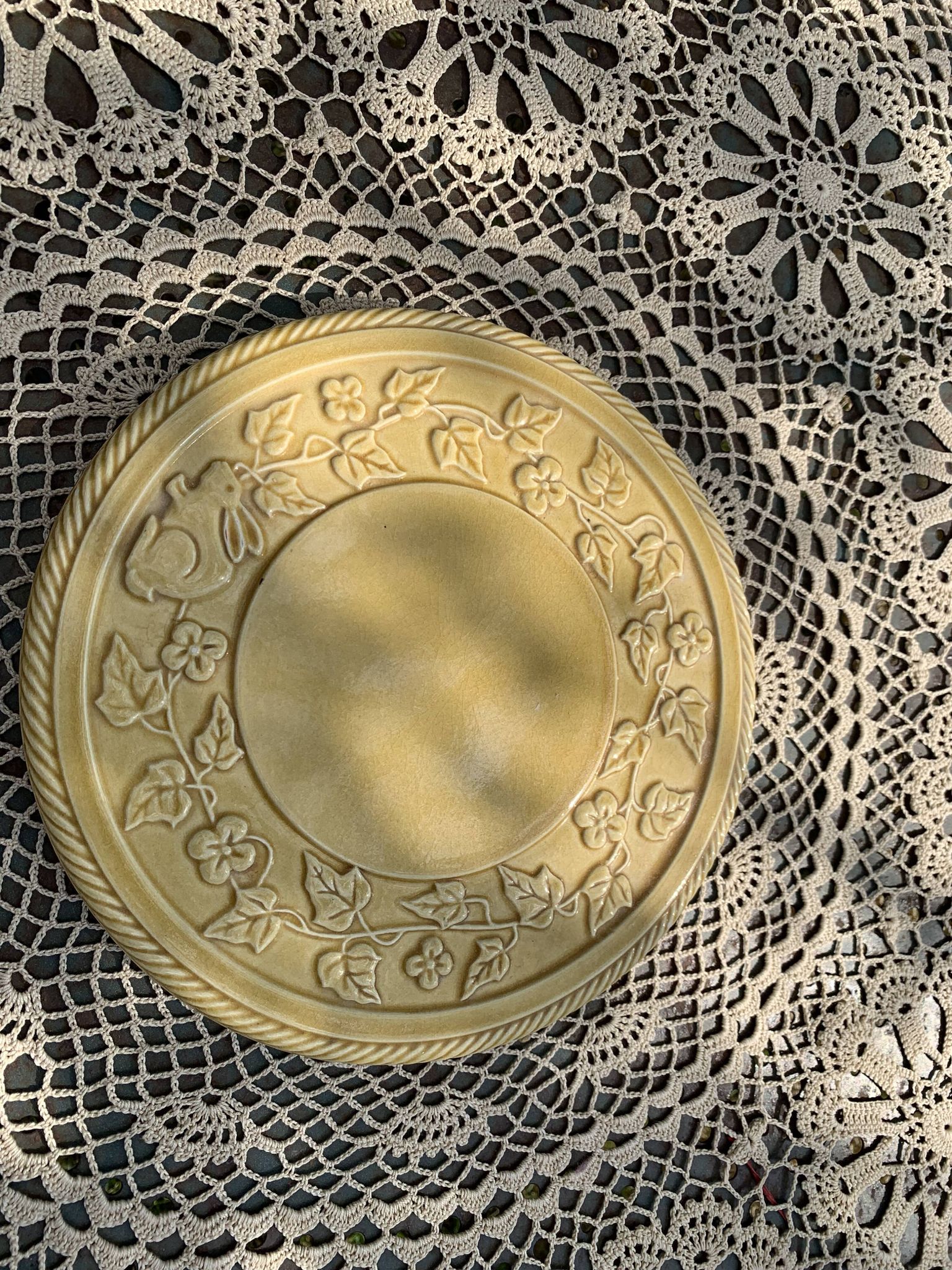 Underside, glazed ceramic, slurry, ivy frieze and rabbit pattern, Vintage