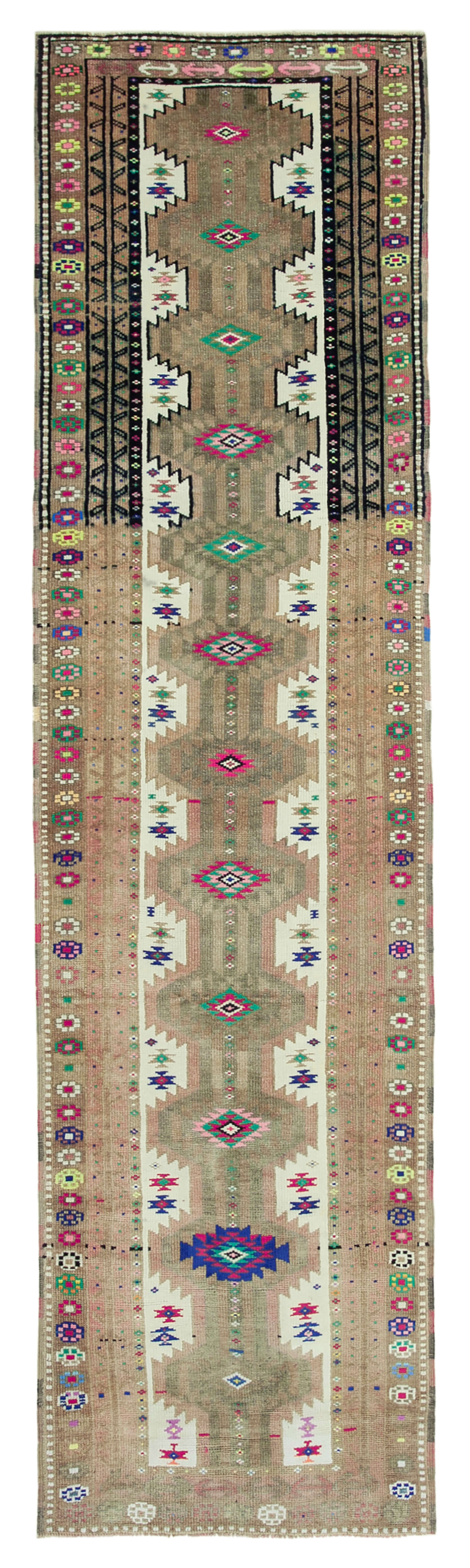 Hand-knotted turkish beige runner carpet 95 cm x 368 cm